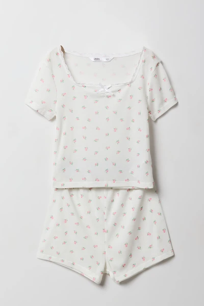 Ensemble pyjama avec haut à pois liséré de dentelle et short