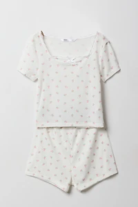 Ensemble pyjama avec haut à pois liséré de dentelle et short