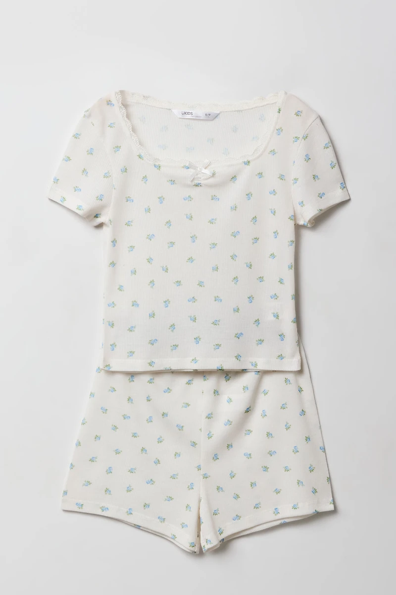 Ensemble pyjama avec haut à pois liséré de dentelle et short