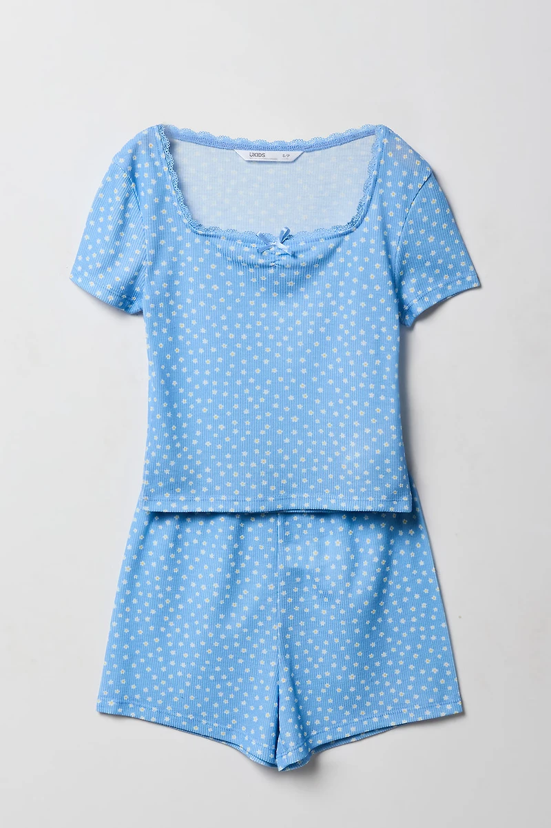 Girls Ditsy Print Ribbed Lace Trim Top & Short 2 Piece Pajama Set