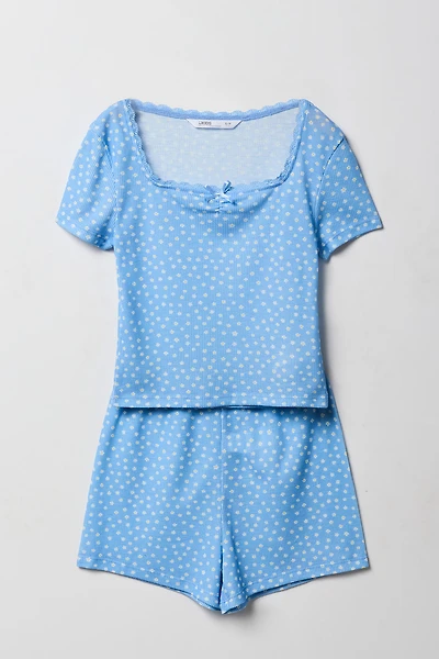 Girls Ditsy Print Ribbed Lace Trim Top & Short 2 Piece Pajama Set