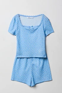 Girls Ditsy Print Ribbed Lace Trim Top & Short 2 Piece Pajama Set