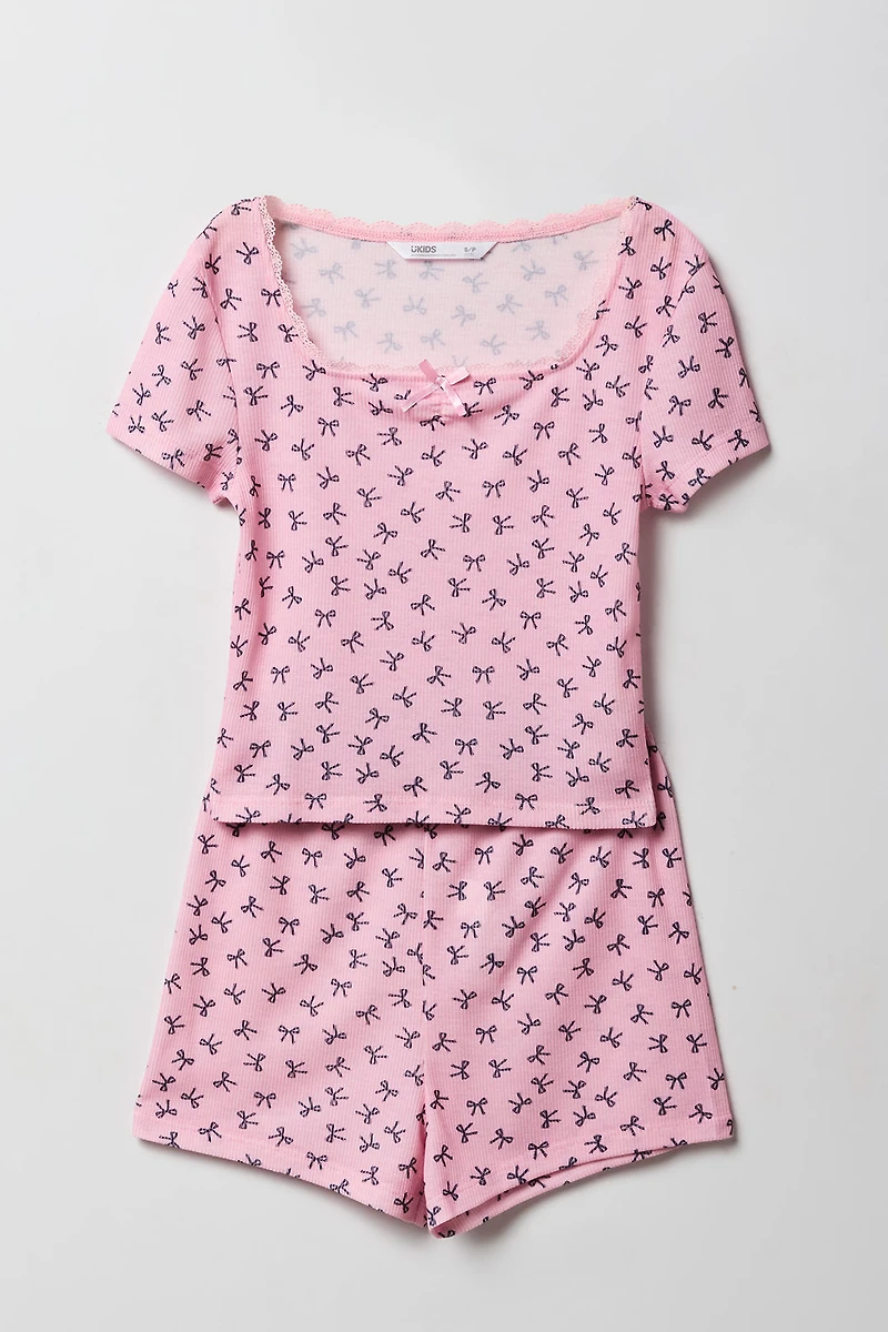 Girls Ditsy Print Ribbed Lace Trim Top & Short 2 Piece Pajama Set