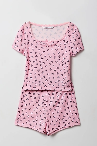 Girls Ditsy Print Ribbed Lace Trim Top & Short 2 Piece Pajama Set