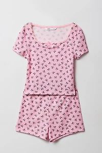 Girls Ditsy Print Ribbed Lace Trim Top & Short 2 Piece Pajama Set