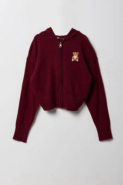 Haut à capuchon avec motif brodé et fermeture glissière pour fille