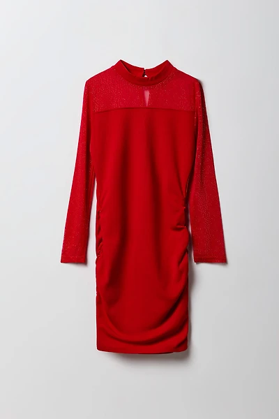 Girls Glitter Ruched Long Sleeve Dress