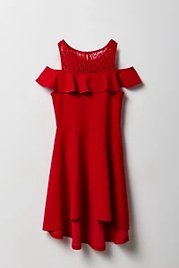Girls Lace Detail Off Shoulder High-Low Dress