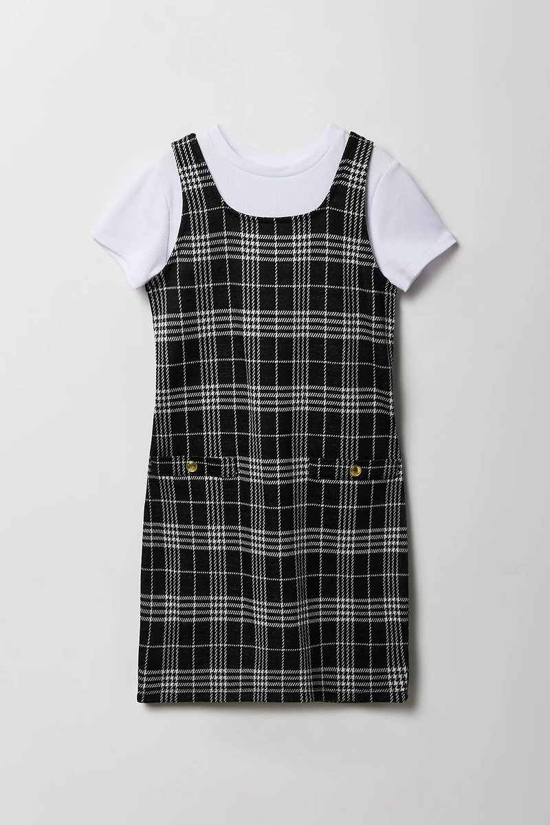 Girls Plaid Knit Dress & T-Shirt 2 Piece Set