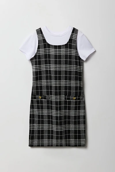 Girls Plaid Knit Dress & T-Shirt 2 Piece Set