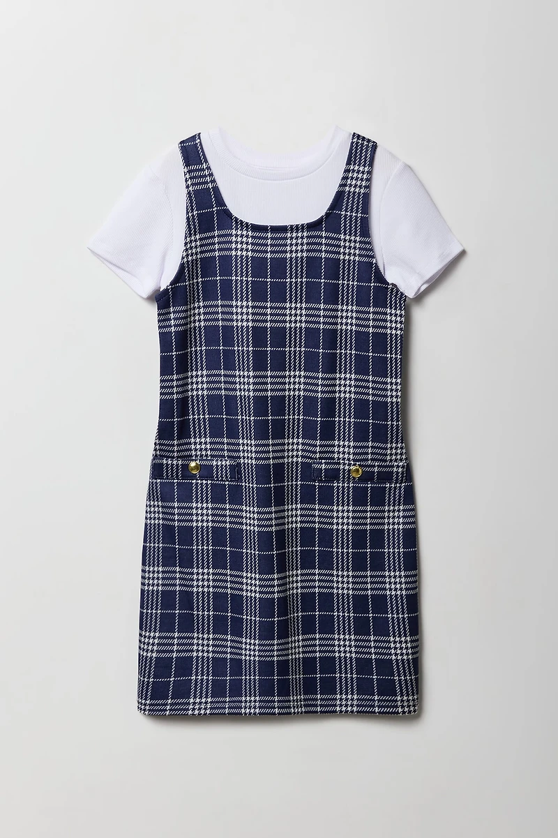 Ensemble deux pièces robe en tricot à carreaux et t-shirt pour filles