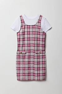 Ensemble deux pièces robe en tricot à carreaux et t-shirt pour filles