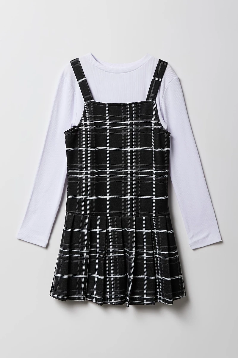 Girls Plaid Dress & Long Sleeve Top 2 Piece Set