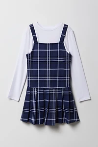 Girls Plaid Dress & Long Sleeve Top 2 Piece Set