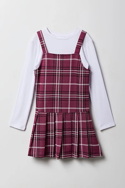 Girls Plaid Dress & Long Sleeve Top 2 Piece Set