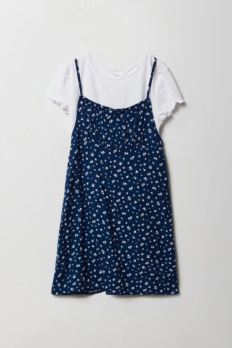 Girls Floral Dress & T-Shirt 2 Piece Set