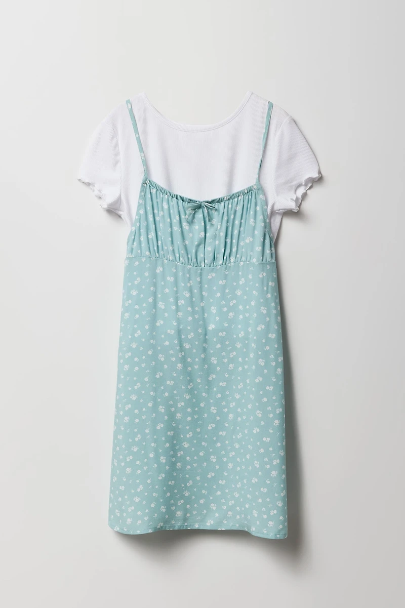 Girls Floral Dress & T-Shirt 2 Piece Set