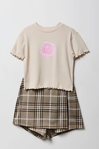 Ensemble 2 pièces t-shirt imprimé et jupe-short à carreaux pour filles