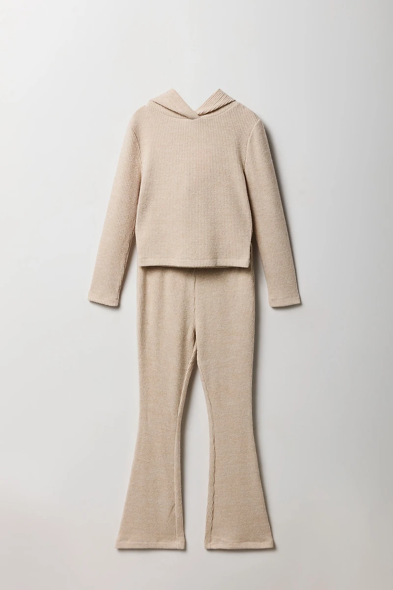 Ensemble deux-pièces avec haut côtelé à capuchon et pantalon jambe évasée pour fille