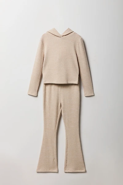 Ensemble deux-pièces avec haut côtelé à capuchon et pantalon jambe évasée pour fille
