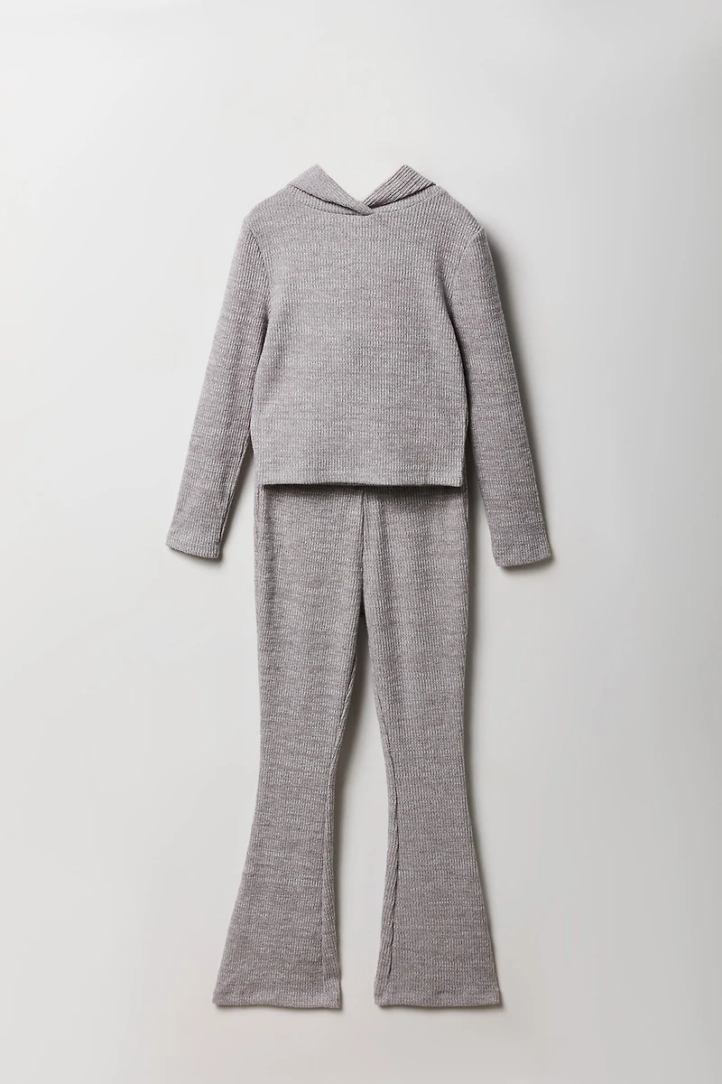 Girls Ribbed Hooded Top & Flare Pant 2 Piece Set