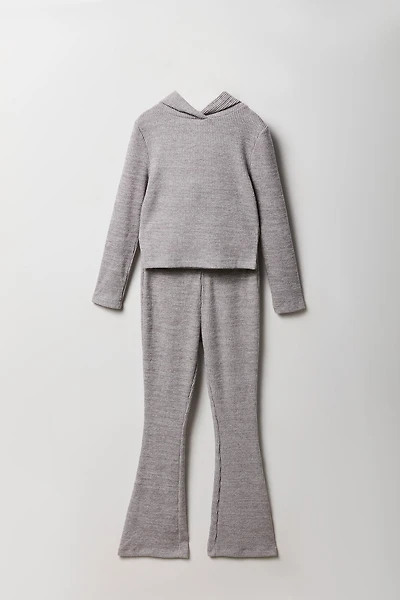Girls Ribbed Hooded Top & Flare Pant 2 Piece Set
