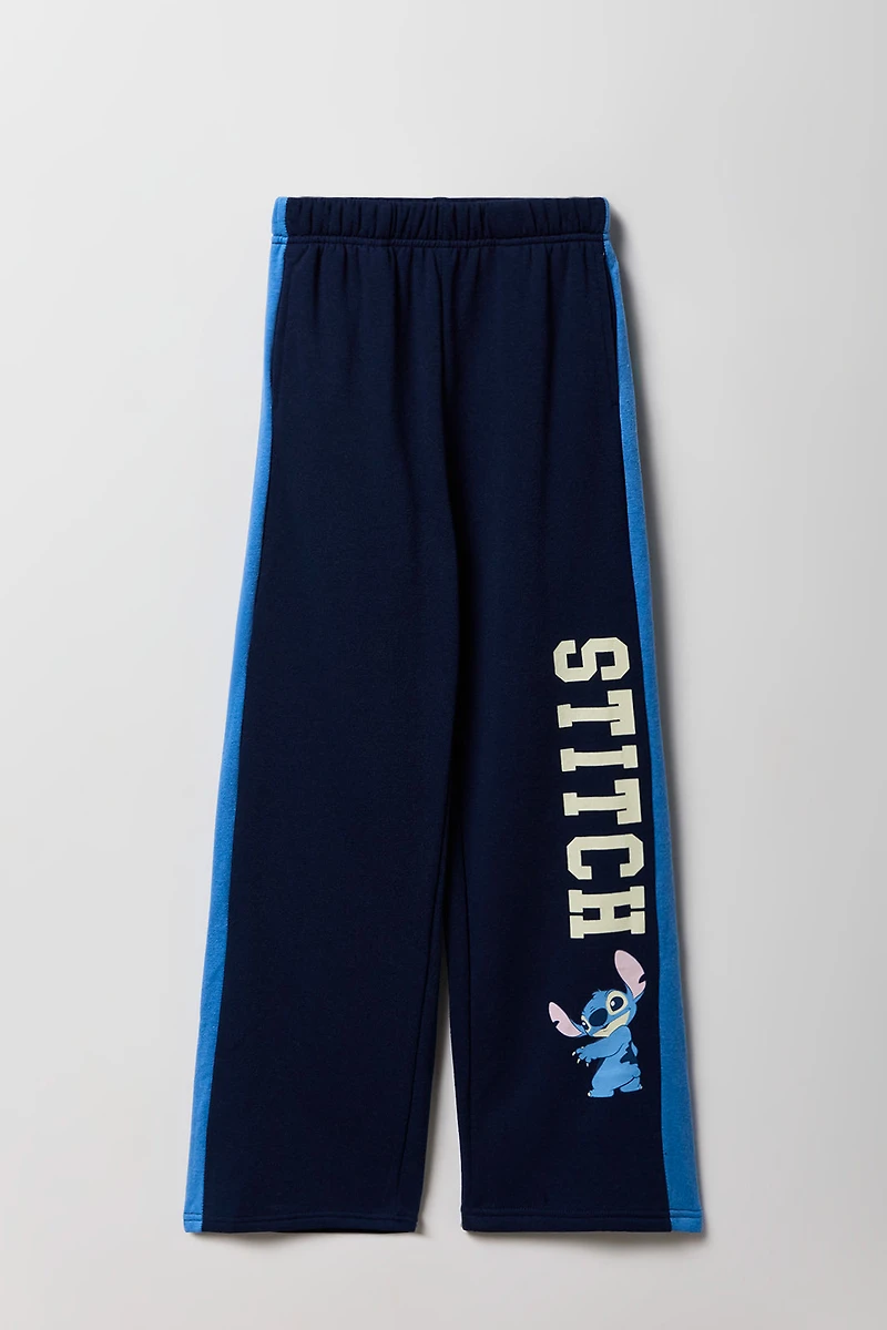 Pantalon en molleton rayé à jambe large et imprimé Stitch pour enfants