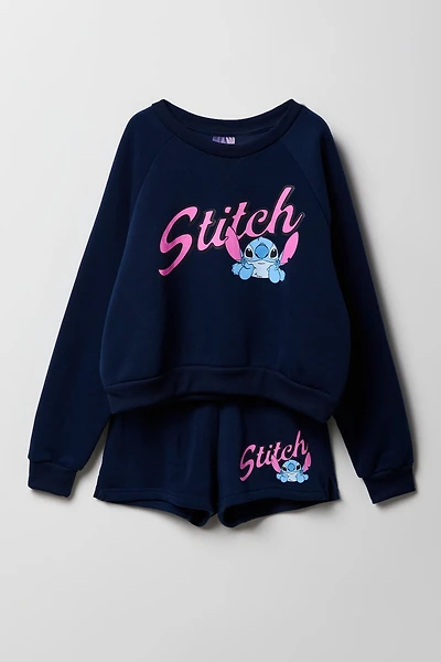 Girls Stitch Graphic Fleece Sweatshirt & Short 2 Piece Set
