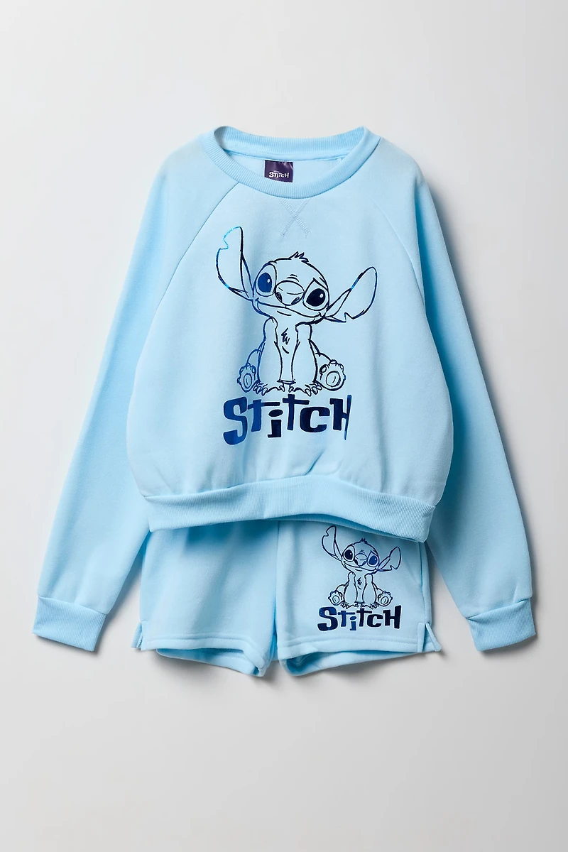 Girls Stitch Graphic Blue Sweatshirt & Short 2 Piece Set