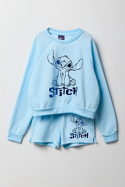 Girls Stitch Graphic Blue Sweatshirt & Short 2 Piece Set