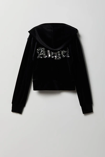 Girls Velour Rhinestone Zip Hoodie