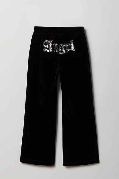 Girls Velour Rhinestone Wide Leg Pant