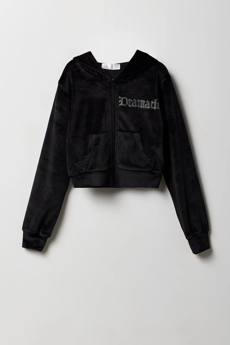Girls Rhinestone Velour Zip-Up Hoodie