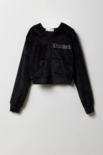 Girls Rhinestone Velour Zip-Up Hoodie