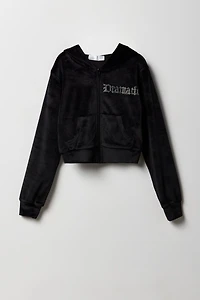 Girls Rhinestone Velour Zip-Up Hoodie