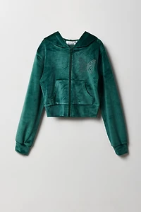Girls Rhinestone Velour Zip-Up Hoodie