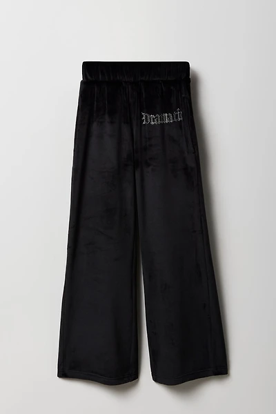 Girls Rhinestone Velour Wide Leg Pant