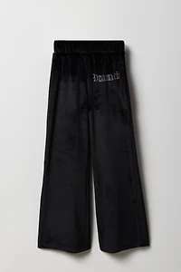 Girls Rhinestone Velour Wide Leg Pant