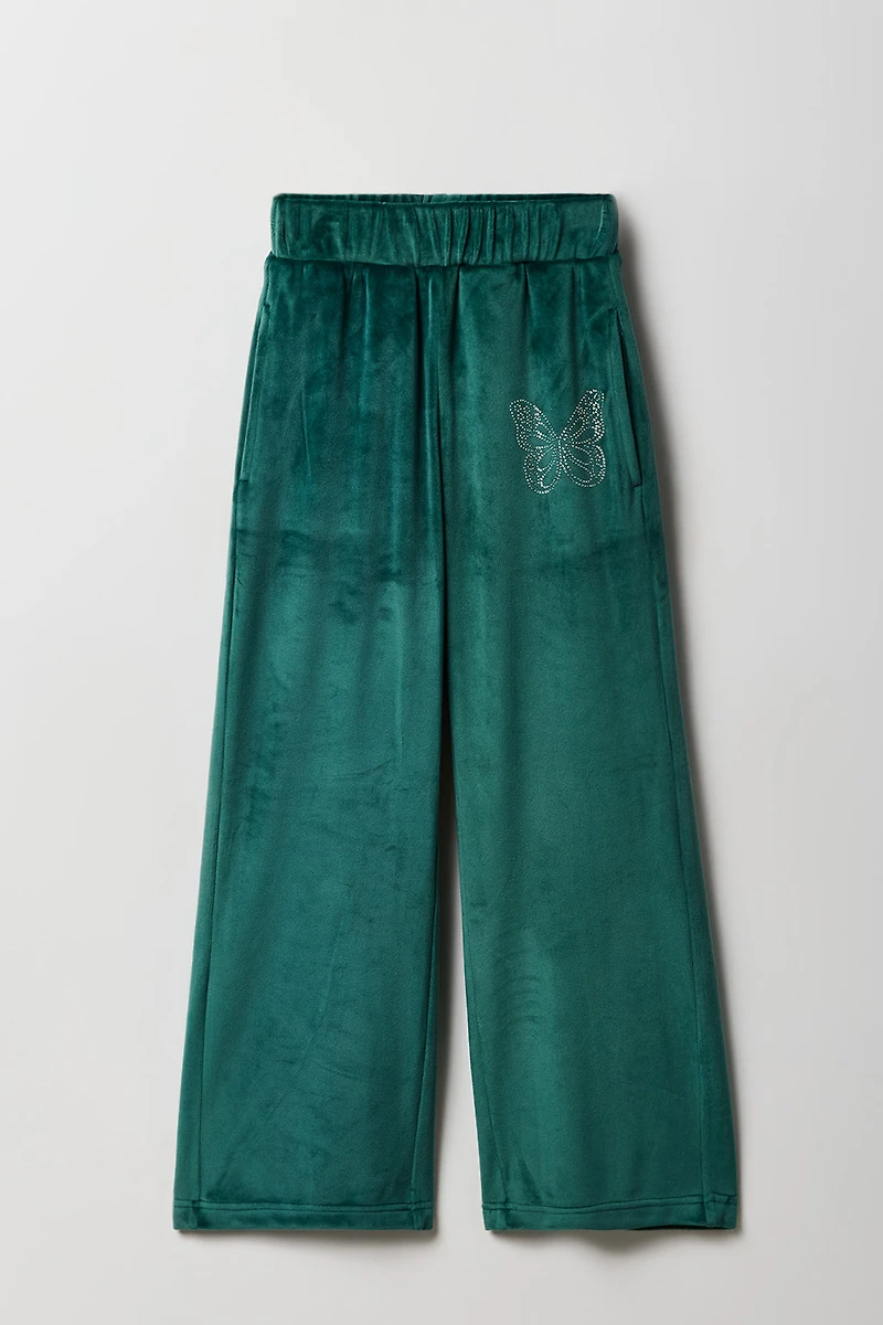 Girls Rhinestone Velour Wide Leg Pant
