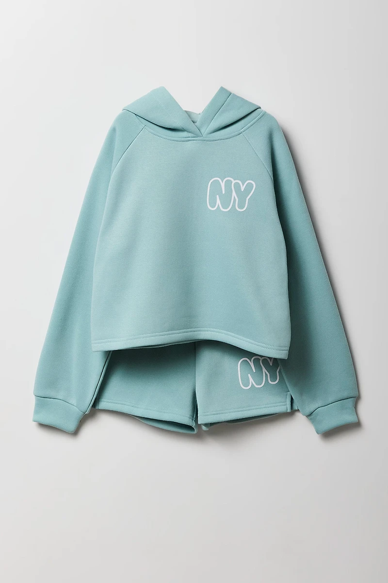 Girls Graphic Fleece Hoodie & Short 2 Piece Set