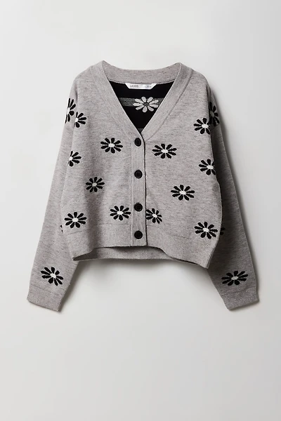 Girls Jacquard Knit Button-Up Cardigan