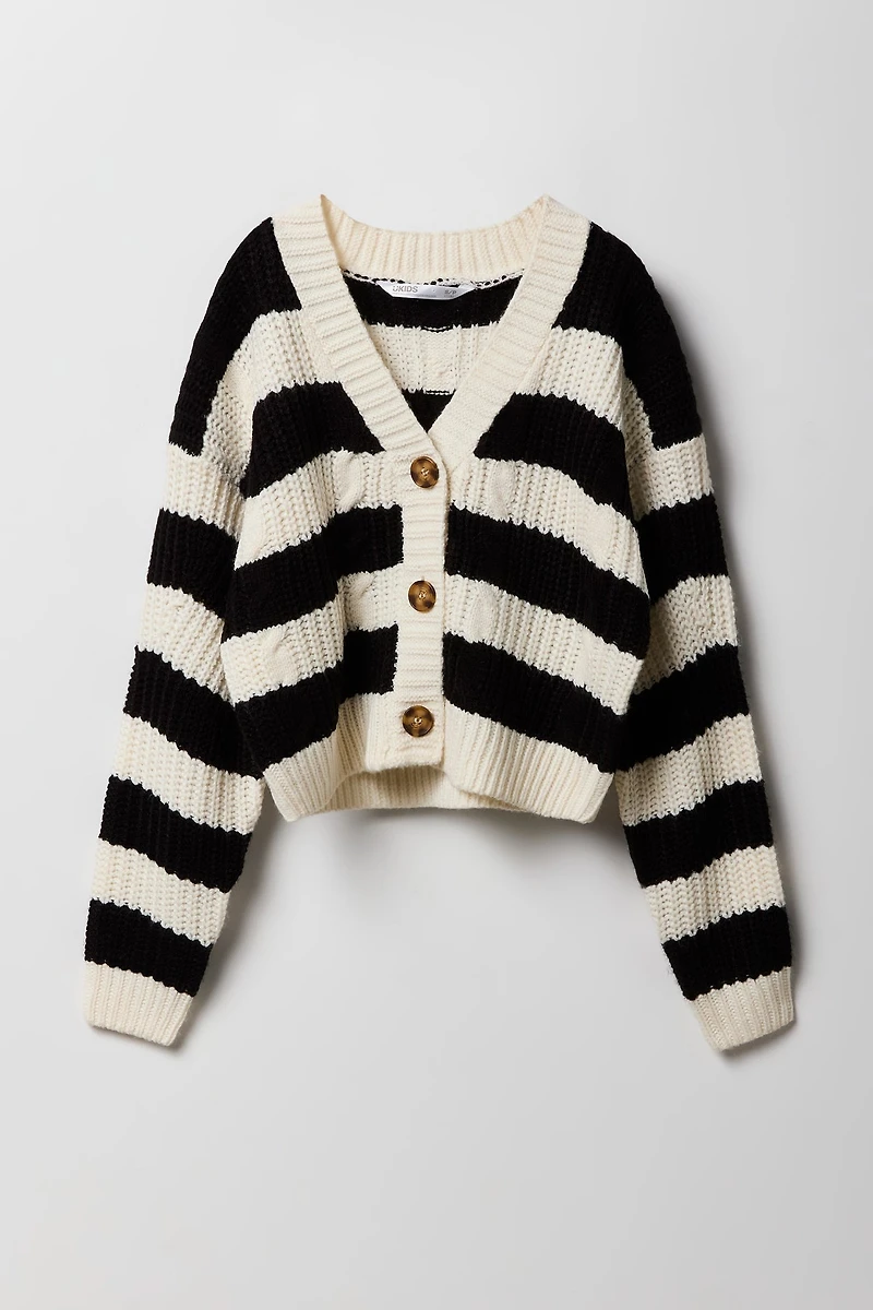 Girls Striped Cable Knit Cardigan
