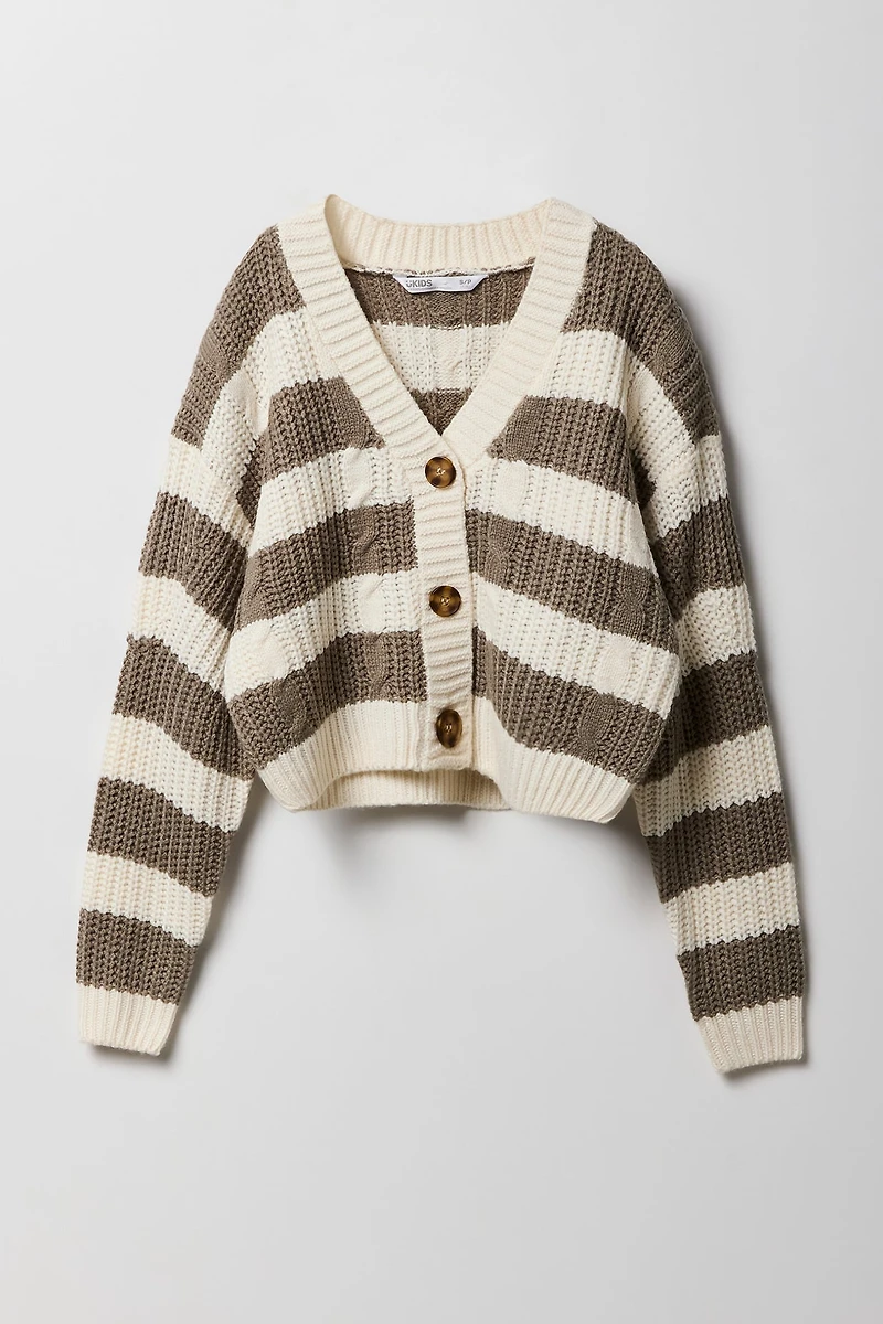 Girls Striped Cable Knit Cardigan