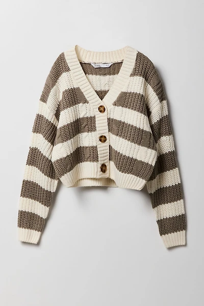 Girls Striped Cable Knit Cardigan