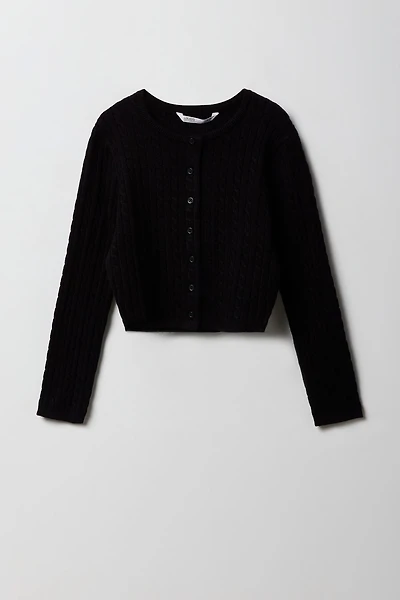 Girls Cable Knit Button-Up Cardigan