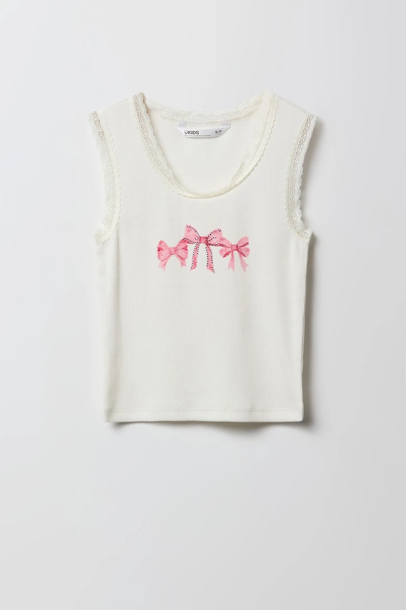 Girls Graphic Ribbed Lace Trim Tank