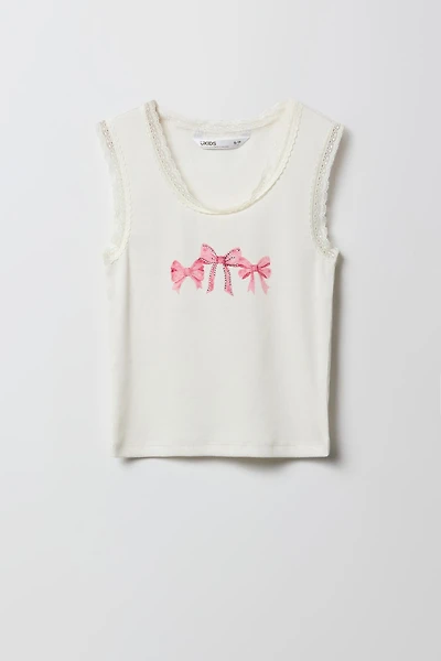 Girls Graphic Ribbed Lace Trim Tank