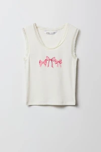 Girls Graphic Ribbed Lace Trim Tank