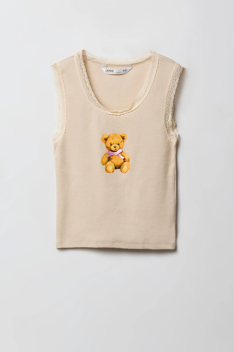 Camisole côtelée imprimée à bordure en dentelle pour filles