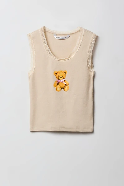 Camisole côtelée imprimée à bordure en dentelle pour filles